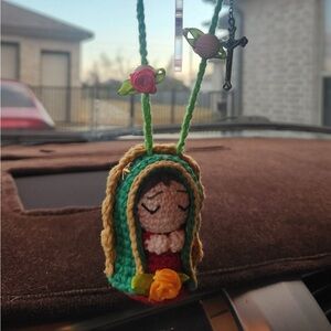 Handmade Crocheted Virgin Mary Car Charm - Green & Yellow